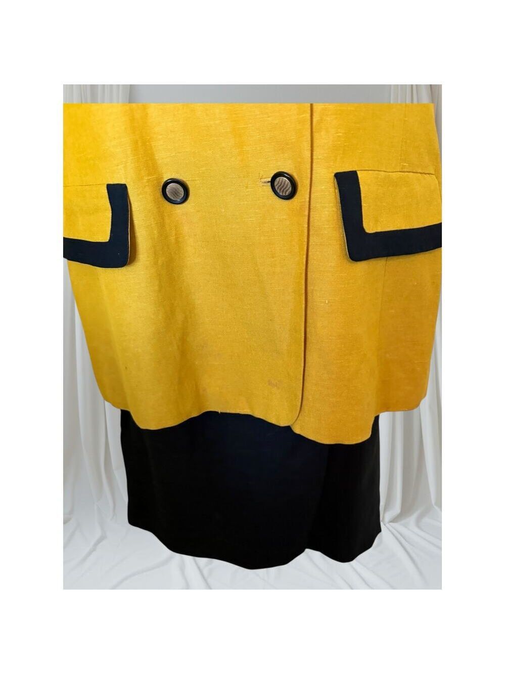 Vintage Oleg Cassini Mustard & Black Linen Double-Breasted Skirt Suit Set - Picture 3 of 9